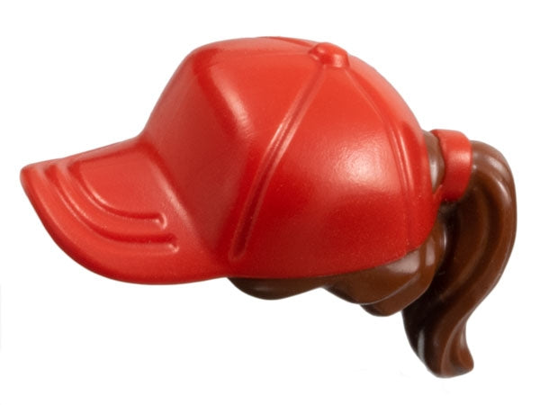 LEGO 35660pb01 Minifigure Hair Combo: brown ponytail with red molded ball cap, side view.