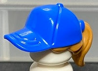 LEGO minifigure hair combo: brown ponytail with molded bright blue ball cap.