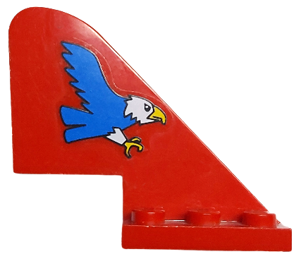 Red LEGO tail piece with rounded top, featuring a blue eagle pattern with a white head, yellow beak, and talons.
