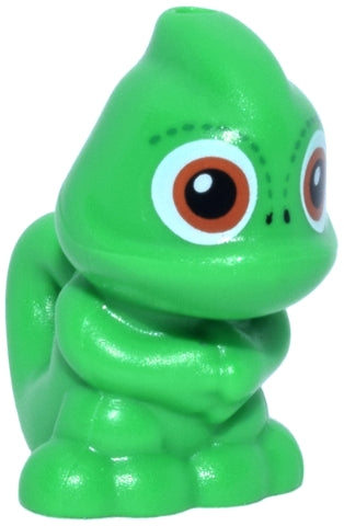 Bright green LEGO Friends Pascal chameleon figure, upright, with dark orange eyes and subtle dotted pattern on its head.