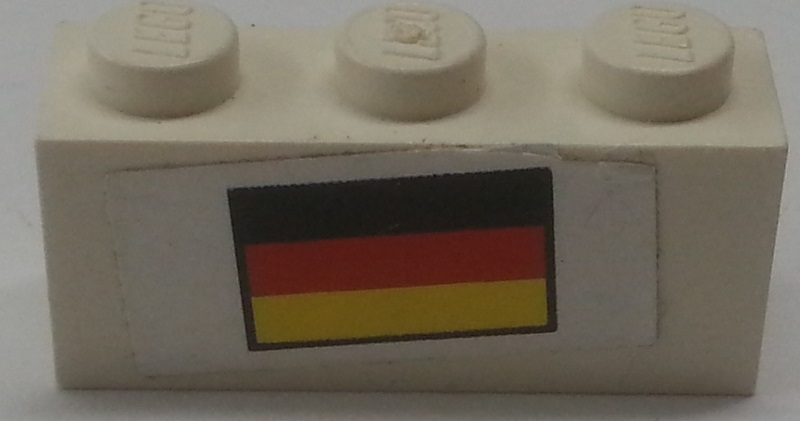 LEGO 3622pb113 white 1x3 brick with German flag (black, red, yellow stripes) sticker, Set 3310.