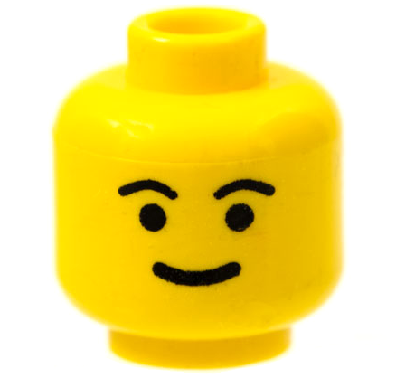 Yellow LEGO minifigure head with a standard grin, black eyebrows, and thick mouth pattern.