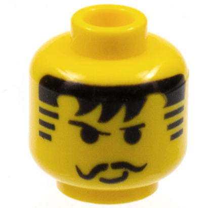 LEGO 3626pa3 - Minifiguur hoofd zwarte dunne wenkbrauwen, gekrulde snor, haar met pony en gestreepte bakkebaarden, kleine scheve grijns patroon