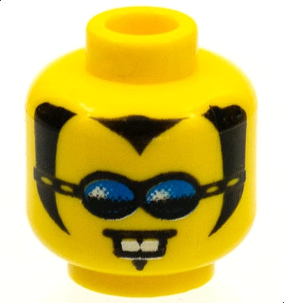 Yellow LEGO minifigure head with black widow's peak, sideburns, blue sunglasses, soul patch, and white buck teeth.