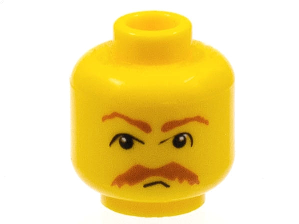 Yellow LEGO minifigure head with angry expression, black eyes, brown bushy moustache, and matching eyebrows pattern.