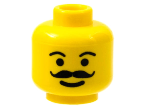 Yellow LEGO minifigure head with curly moustache, full eyebrows, and a smile.
