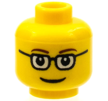 Yellow LEGO minifigure head with rectangular black glasses, thin brown eyebrows, and a black smile.