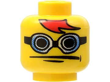 LEGO minifigure head with blue and white goggles, black strap, red hair bangs, and a neutral expression.