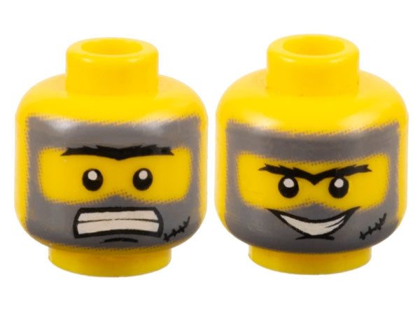 LEGO 3626pb0359 - Minifiguur hoofd dubbelzijdig zwarte borstelige wenkbrauw, kin kuiltje, litteken, donker blauwgrijze vlekken, tandenknarsen / open mond lach patroon