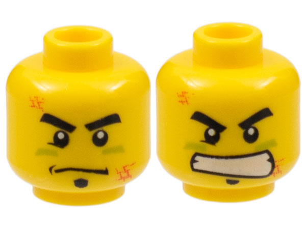 LEGO 3626pb0445 - Minifiguur hoofd dubbelzijdig zwarte dikke wenkbrauwen en soul patch, rechter onderste ooglid, limoengroene verf onder ogen, oranje schaafplekken, streng met kuiltje / boze ontblote tanden patroon