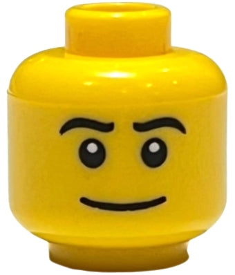 Yellow LEGO minifigure head with black wavy eyebrows and a wide, friendly black grin. The head has a stud on top.