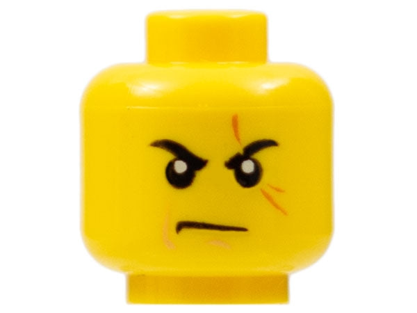 LEGO 3626pb0526 - Minifiguur hoofd met zwarte wenkbrauwen, donkeroranje litteken over linkeroog, nougat wangstreep en kinplooi, fronspatroon
