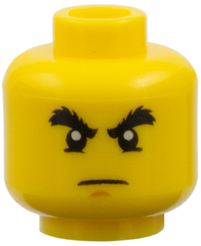 Yellow LEGO minifigure head with black bushy eyebrows, stern expression, and a medium nougat chin dimple.