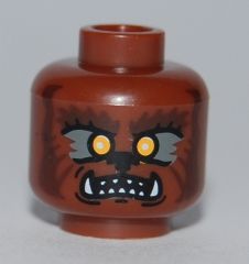 LEGO dark brown minifigure head with werewolf face pattern, orange eyes, and sharp teeth.