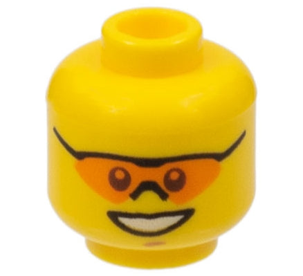 Yellow LEGO minifigure head with orange sunglasses, black nose piece, medium nougat chin dimple, and open mouth smile with teeth.