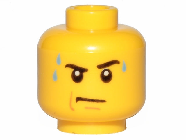 LEGO 3626pb0643 - Minifiguur hoofd met zwarte wenkbrauwen, linker wenkbrauw omhoog, felblauwe zweetdruppels, nougat kinlijn en kuiltje, streng patroon