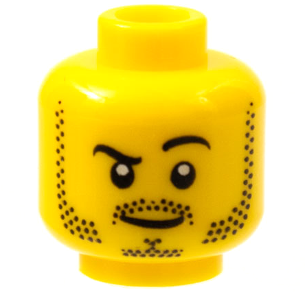 Yellow LEGO minifigure head with black eyebrows, left raised, moustache, mutton chops, goatee stubble, and lopsided grin.