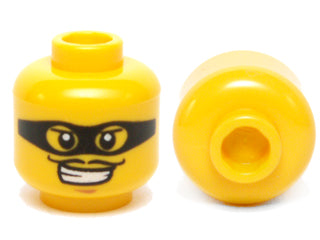 LEGO 3626pb0856 minifigure head, yellow, with black eye mask, eyes, thin moustache, and smirk, front and back views.