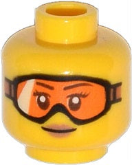 LEGO 3626pb1129 - Minifigure, Head Female Glasses with Orange Goggles, Medium Nougat Lips, Small Smile Pattern