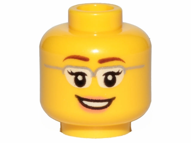 Yellow LEGO minifigure head with silver-framed glasses, reddish-brown eyebrows, eyelashes, nougat lips, and open smile with teeth.