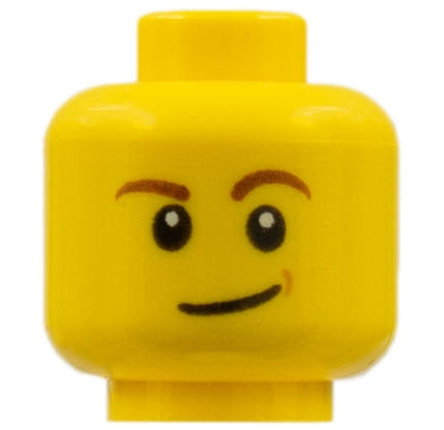 Yellow LEGO minifigure head with reddish brown eyebrows, white pupils, lopsided smile, and medium nougat dimple.