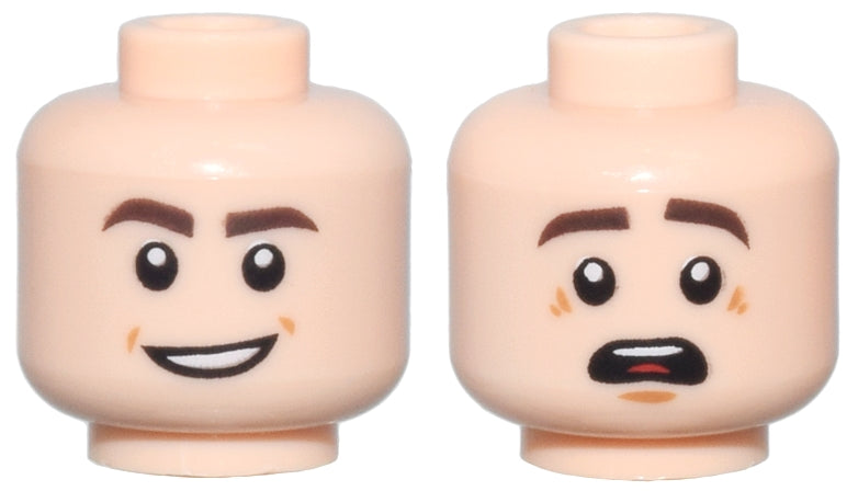 LEGO 3626pb1794 - Minifigure, Head Dual Sided Dark Brown Eyebrows, Open Mouth Smile / Scared with Top Teeth and Red Tongue Pattern