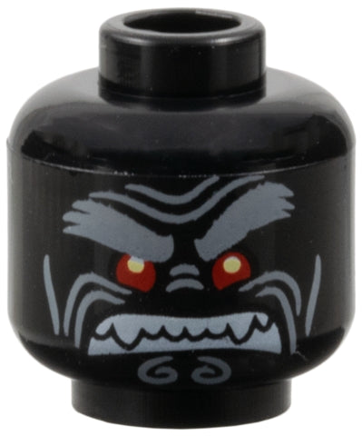 Black LEGO minifigure head, alien face with light bluish gray bushy eyebrows, raised left eyebrow, red eyes, and white fangs.