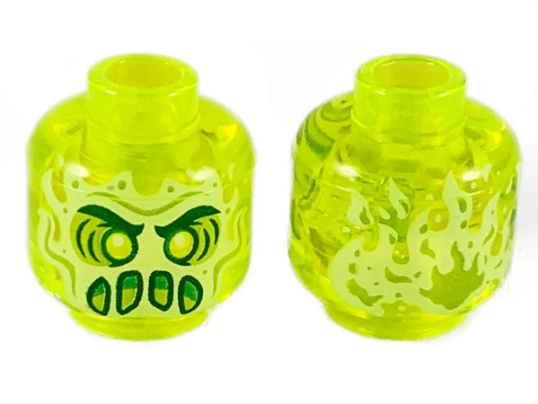LEGO 3626pb2435 - Minifigure, Head Alien Ghost with Yellowish Green Face, Dark Green Thick Eyebrows, Lime Eye Shadow, Furrowed Brow, Green Angry Open Mouth with Slime, Flames on Back Pattern