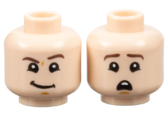LEGO 3626pb2660 - Minifiguur Hoofd Dubbelzijdig Donkerbruine Wenkbrauwen, Medium Nougat Kin Kuiltje, Scheve Grijns met Opgetrokken Linker Wenkbrauw / Bang Open Mond met Boventanden Patroon