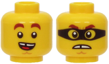 Dual-sided yellow LEGO minifigure head: smiling face with reddish-brown eyebrows and open mouth, and an angry face with a black mask.