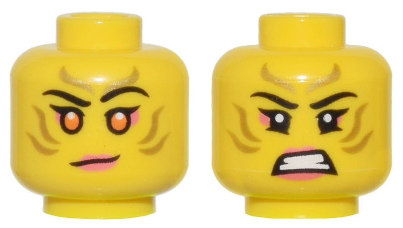 LEGO 3626pb3368 female dual-sided head with gold stripes, coral lips & eye shadow, orange eyes, lopsided grin / bared teeth.