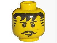 Yellow LEGO minifigure head with black thin eyebrows, curled moustache, hair with bangs, striped sideburns, and chin dimple.