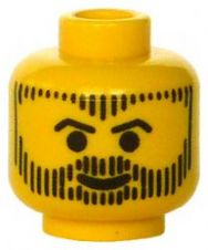 Yellow LEGO minifigure head with black printed beard, sideburns, and hair in a vertical line pattern, with black eyes and a small smile.