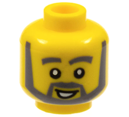 LEGO 3626px288 - Minifiguur hoofd donker blauwgrijs met dikke wenkbrauwen, hoekige baard en dikke bakkebaarden, scheve open mond lach met witte tanden patroon
