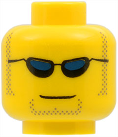 LEGO 3626px299 - Minifiguur hoofd met zwarte zonnebril, donkerblauwe lenzen, lichtbruine bakkebaarden en stoppels, grijns patroon