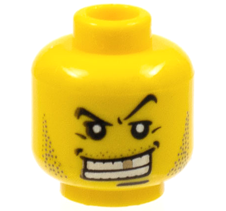 Yellow LEGO minifigure head, male, with arched eyebrows, white teeth, gold tooth, fine stubble, and line under mouth.