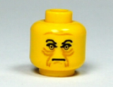 Yellow LEGO minifigure head, male, with angry expression, black eyebrows, and brown wrinkles.