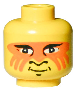 Yellow LEGO minifigure head with black eyelids, nose profile, chin dimple, orange face paint, and a grin pattern.