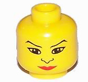 Close-up of a yellow LEGO minifigure head with a female face pattern, featuring black large eyes, a nose, and red lips, showing a stern expression.