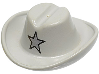 White LEGO minifigure cowboy hat with a silver star pattern on the front.