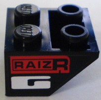 Black LEGO inverted 45 2x2 slope brick with flat bottom pin, featuring a red 'RAIZR' text and a white 'G' pattern.