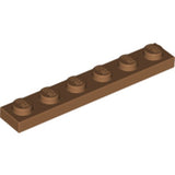 Dark brown LEGO 1x6 plate, showing six studs, angled view on white background