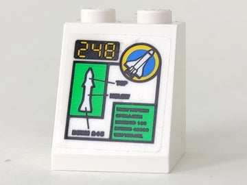 White LEGO slope brick 65 2x2x2 with a sticker showing '248', a space shuttle logo, and a green shuttle diagram.