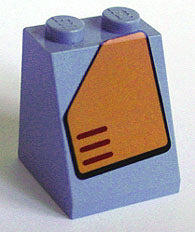 Lavender LEGO 2x2x2 slope brick with an orange panel sticker featuring a cut top-left corner and three red lines.