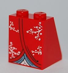 Red LEGO Slope 65 2x2x2 minifigure dress part with white cherry blossom kimono pattern and blue and white trim.
