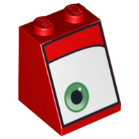 Red LEGO Slope 65 2x2x2 brick with a green eye on a white background pattern, showing the left eye.