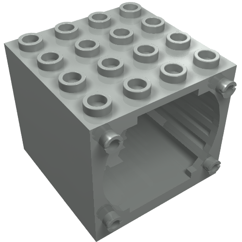 Grey LEGO 3691 Electric Motor 4.5V Housing 4x4x3 brick, viewed from an angle showing studs and open side.