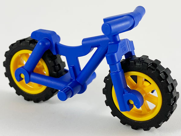 Blue LEGO heavy mountain bike with handlebars, yellow wheels, and black tires on a white background.