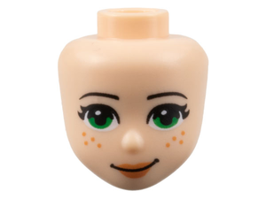 LEGO Mini Doll head, light nougat, with black eyebrows, green eyes, nougat lips, 8 freckles, and a lopsided closed mouth smile.