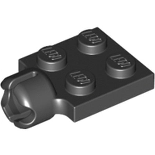 Black LEGO 2x2 modified plate with four studs and a short tow ball socket on one side.